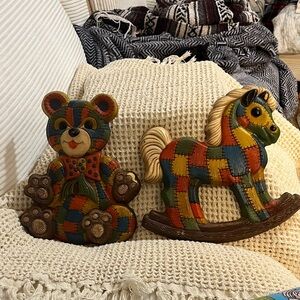 Vintage 1970s Colorful Patchwork Bear and Rocking Horse Decor